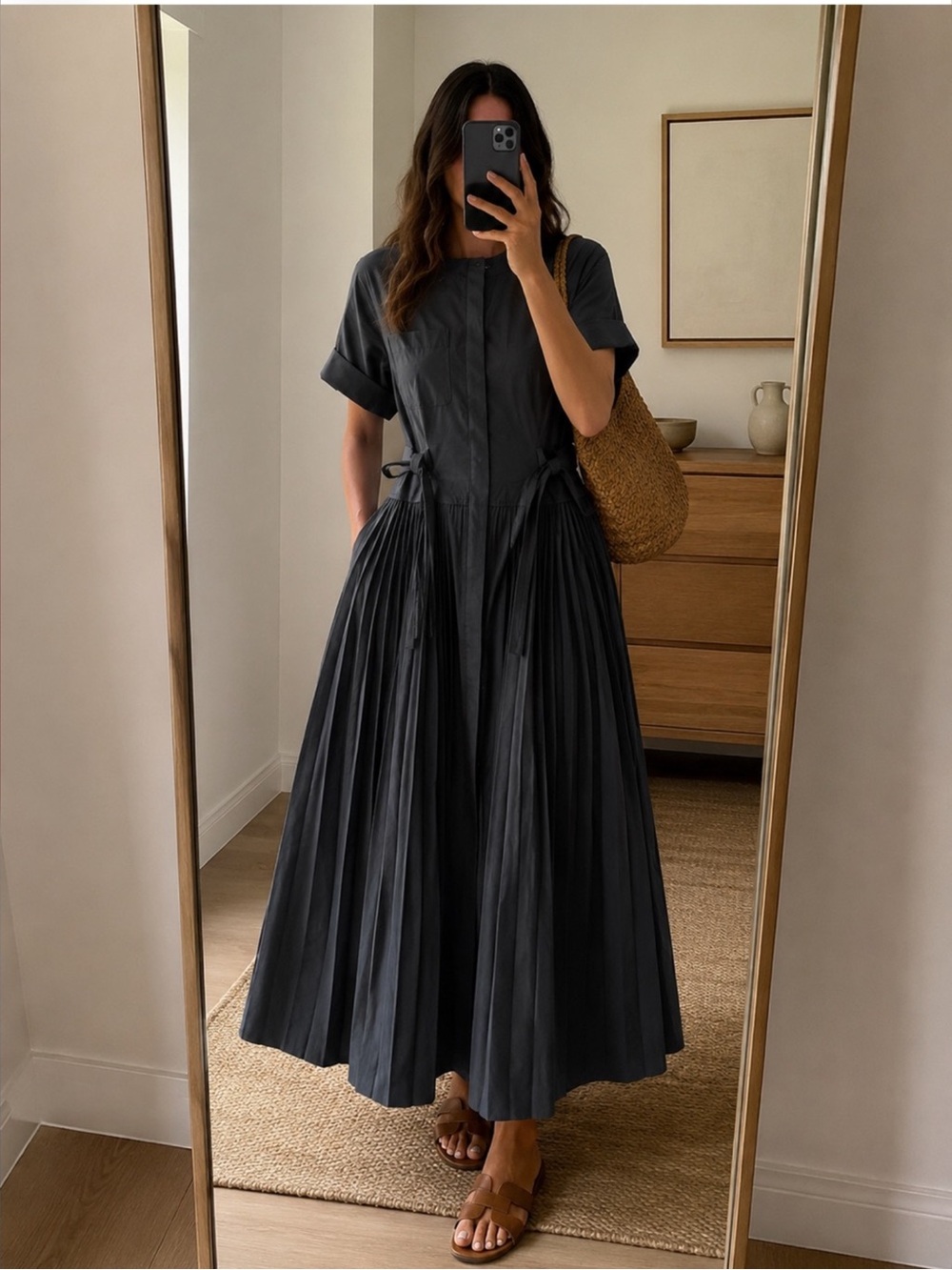 Kobi Halperin Contemporary Pleated Midi Shirt Dress Belted Black Size M NWT
